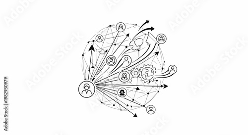 Global network diagram connecting people and ideas with arrows and gears