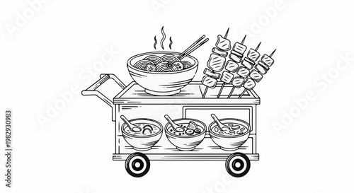 Whimsical sketch of a food cart laden with steaming noodles, grilled skewers, and soups