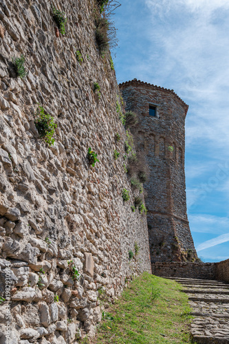 Italy, 10 April 2026: Medieval village Montebello with Azzurrina castle on hilltop, Valmarecchia landscape Rimini Emilia Romagna, historic borgo architecture, scenic view
