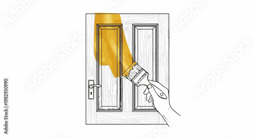 Hand painting a door with yellow paint using a brush, showing wooden texture
