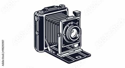 Vintage bellows camera on a platform, detailed line art