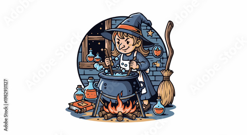 Whimsical witch brews potion over campfire with bubbling cauldron