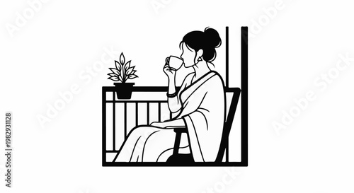 Woman in sari enjoying a drink on a balcony with plant