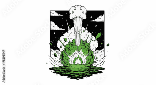 Dramatic green explosion erupts from a mossy ground against a dark sky