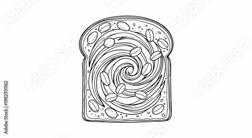 Swirled spread on toast with whole beans, drawn in black ink