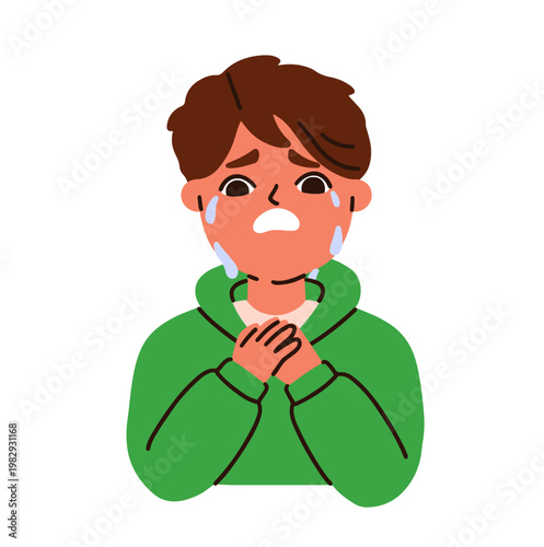 Crying boy, tears outburst. Sad tearful face expression, emotional breakdown. Kid weeping, sobbing, teardrops streaming. Upset unhappy child. Flat vector illustration isolated on white background