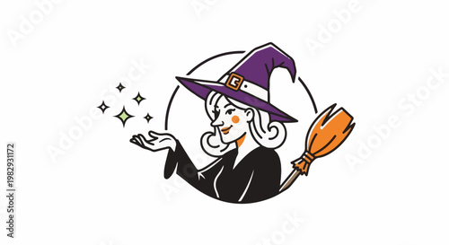 Whimsical witch with purple hat and broom conjures sparkly magic
