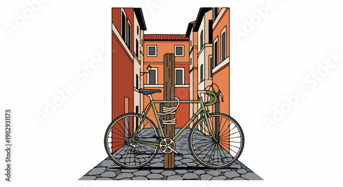 Vintage bicycle tied to a wooden pole on a cobblestone street
