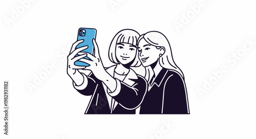 Two women smile as they take a selfie with a blue smartphone