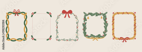 christmas holly wreath frames with red bow, hand drawn festive botanical border illustration, minimalist holiday seasonal decorative elements, aesthetic winter greenery vector design, professional xma