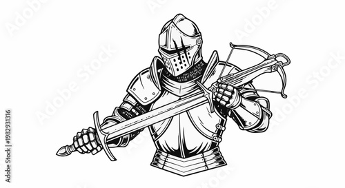 Detailed illustration of a knight in full armor holding a sword and crossbow