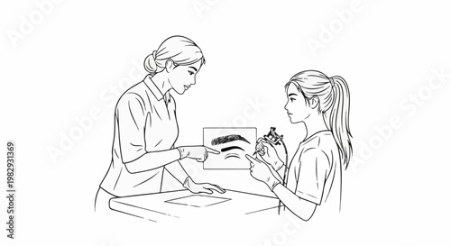 Two women discussing eyebrow designs, one holding tattoo equipment