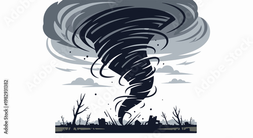 Violent tornado ravaging a desolate landscape with debris and bare trees