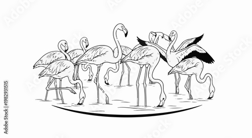 Flock of flamingos with curved necks wading in shallow water