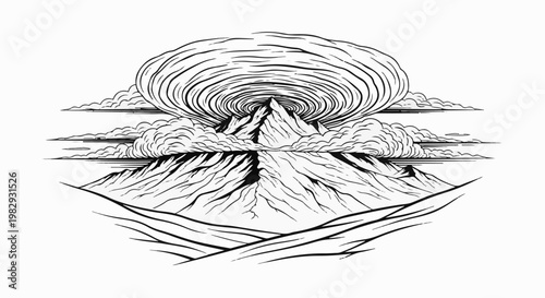 Dramatic mountain peak erupting with swirling clouds and smoke, dark linework