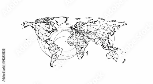 Global network map with connections between continents and countries