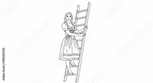 Woman in traditional dress ascends a wooden ladder