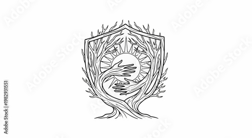 Entwined branches form a shield around sun, cradled by hands