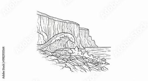 Dramatic waves crash against rocky cliffs under a clear sky in this artwork