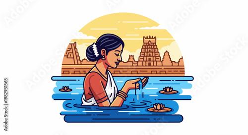 Woman in traditional attire collecting water from a pond near ancient structures