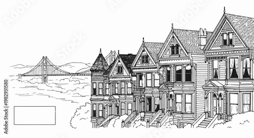 Vintage row houses and suspension bridge seen through clouds