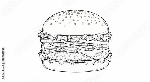 Detailed black and white illustration of a large, layered burger with sesame seeds on top