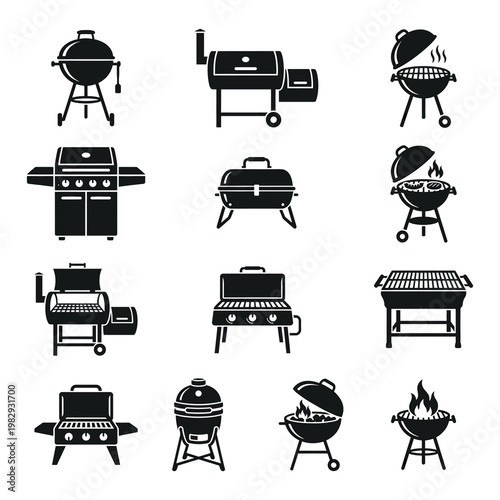 Set of silhouette icons of barbecue grills on transparent vector background for outdoor cooking and summer events icon.