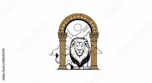 Majestic lion emerges from behind ancient columns under a bright sky