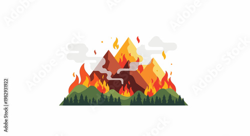 Vibrant illustration of mountains engulfed in fiery flames and smoke