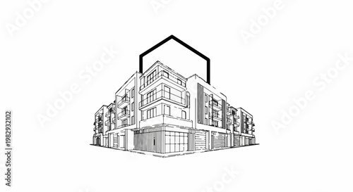 Hand-drawn sketch of a modern apartment building with balconies and ground-floor shops