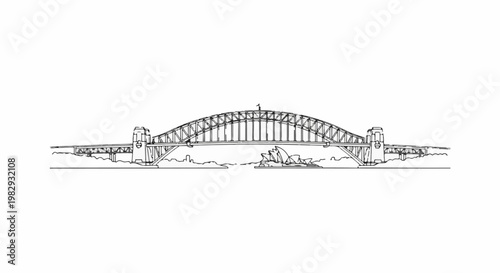Detailed ink sketch of a large steel arch bridge with buildings in the background