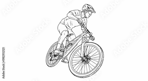 Detailed line art of a person riding a mountain bike