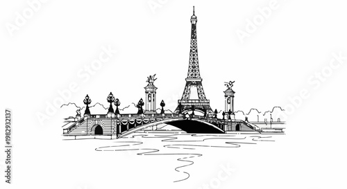 Iconic Parisian landmark, Eiffel Tower, viewed over a bridge with ornate lamps and statues
