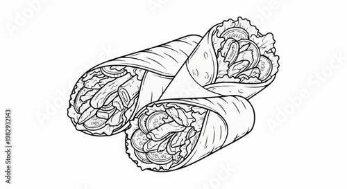 Hand-drawn line art of two filled wraps with lettuce, tomato, and meat