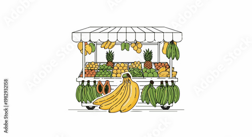 Colorful fruit stand overflowing with bananas, pineapples, and mangoes