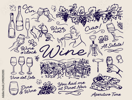 wine tasting and vineyard doodle illustration, hand drawn wine bottle and glass art, aesthetic wine cellar and grape design, minimalist blue and white winery icons, professional graphic design for win