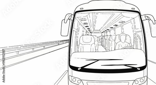 Front view of a bus interior and road from driver's perspective