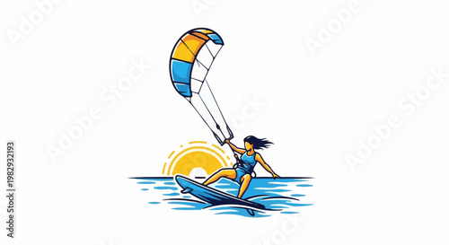 Woman kiteboarding at sunset on a calm sea