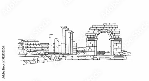 Outline sketch of ancient ruined stone structures with columns and an archway