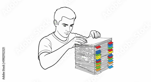 Young man sorts through large stack of documents with colorful file tabs