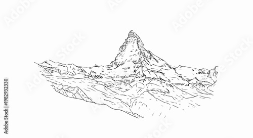 Ink sketch of a majestic, pointed mountain peak with surrounding rugged terrain