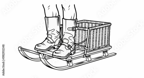 Person in boots on a sled with a wicker basket