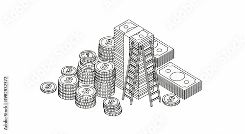 Isometric illustration of stacks of coins and banknotes with a ladder leading upwards