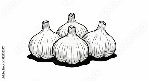 A black and white illustration of four garlic bulbs clustered together