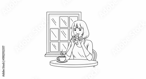 Woman eating a croissant and drinking coffee by a window
