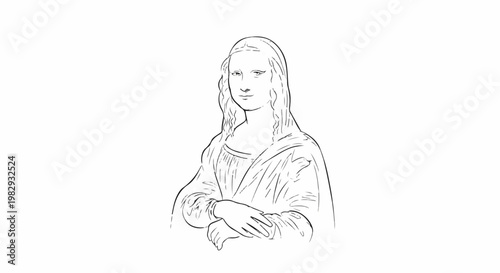 A black and white sketch of a woman with wavy hair and folded hands