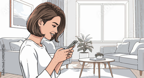 Woman engrossed in her smartphone, relaxing in a sunlit living room