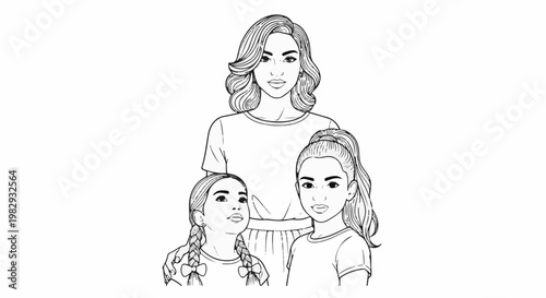 Line drawing of a woman with two young girls, all looking forward