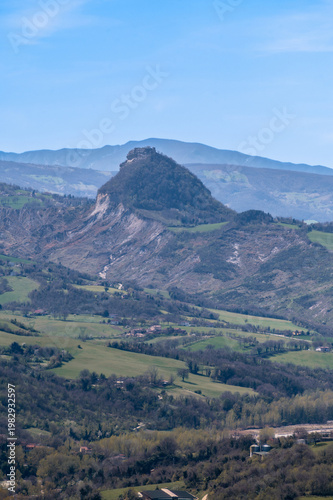 Italy, 10 April 2026: Panoramic view of Val Marecchia with Marecchia River and medieval hilltop villages, Emilia Romagna Rimini landscape, scenic countryside valley view