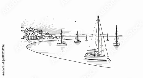 Black and white illustration of a coastal town with sailboats on the water